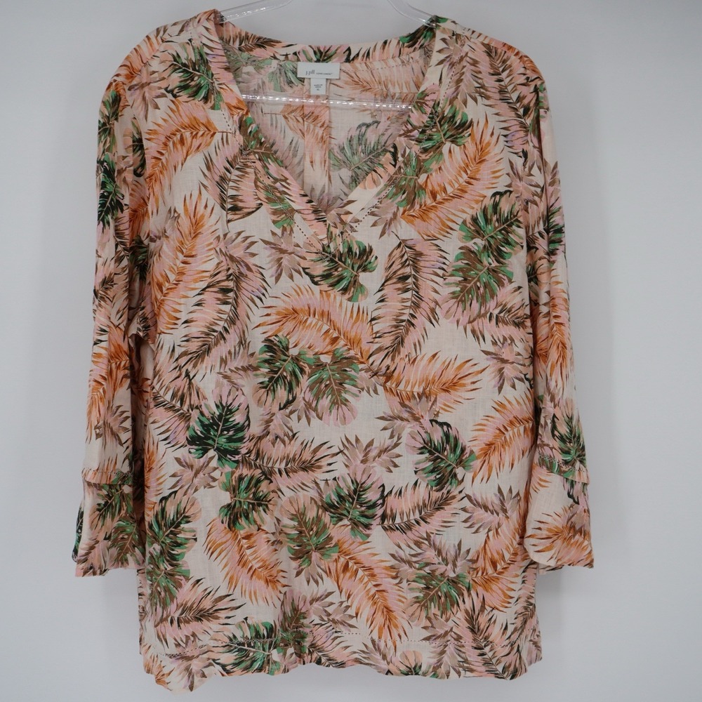 J. Jill Love 100% Linen Top 3/4 Sleeve V Neck XL Palm Leaves Vacation Resortwear